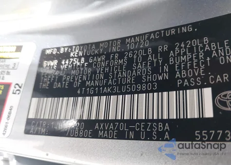2020 Toyota Camry Se from USA, damaged, VIN 4T1G11AK3LU509803